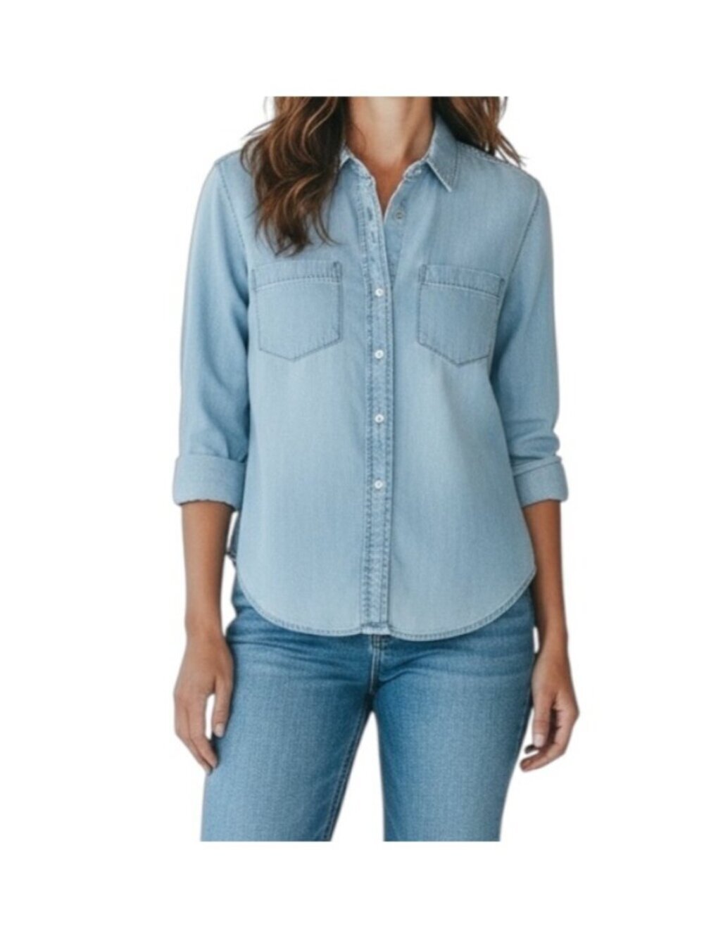 UNTUCKIT Womens Alleanza Button Up Blouse~Size 2~Chambray Blue Long Sleeve L6 28